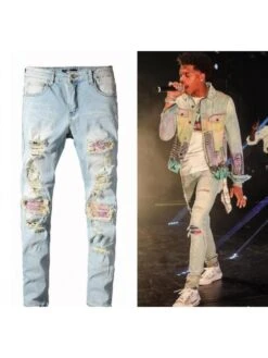 Patched Graffiti Ripped Men's Jeans