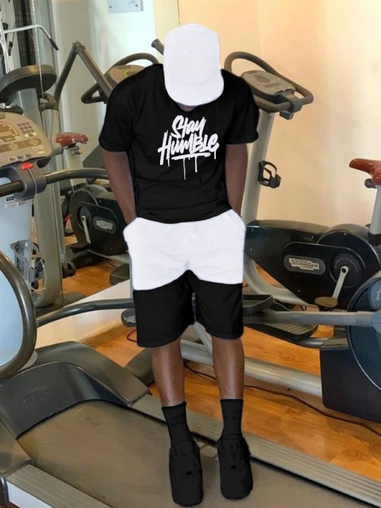 Colorblock Letter Pattern Loose Short Suit 3 Colorblock Letter Pattern Loose Short Suit