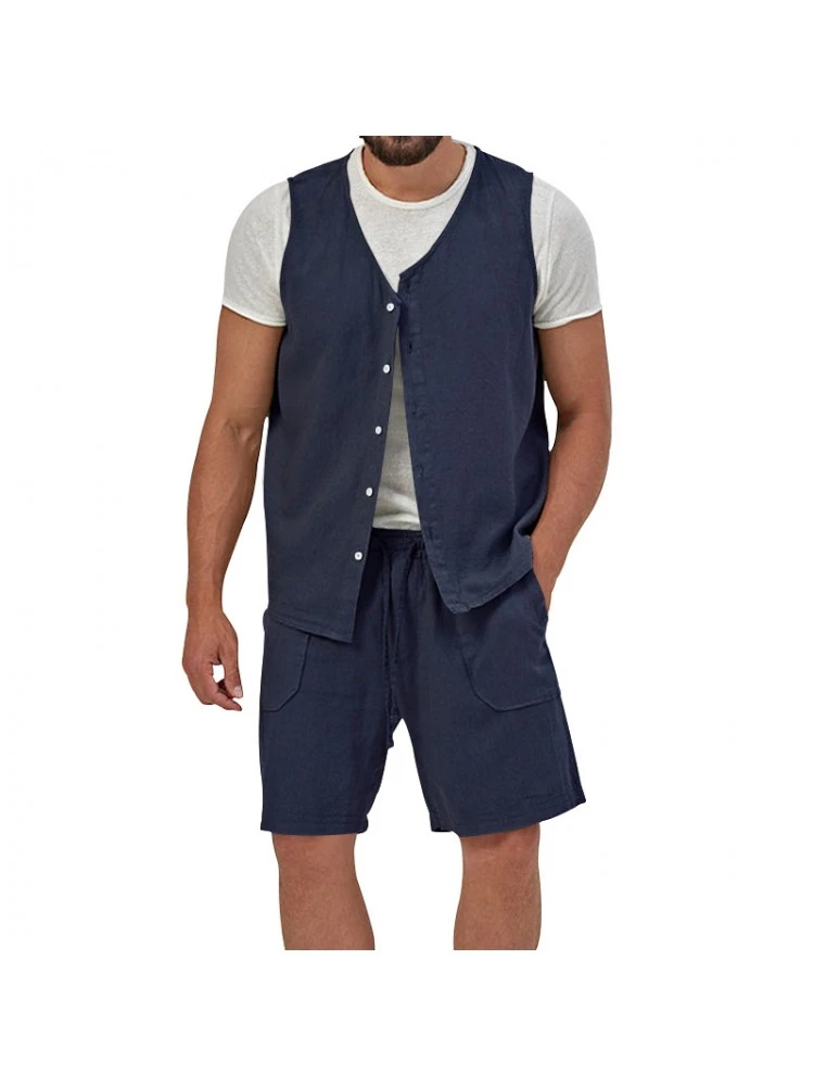 Single Breasted V Neck Sleeveless Men's Short Suit 4 Single Breasted V Neck Sleeveless Men's Short Suit - Image 2