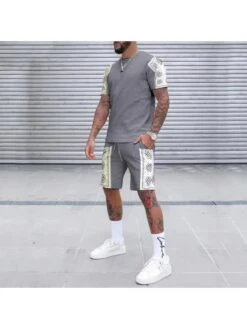 Colorblock Drawstring Print Fitted Short Sets