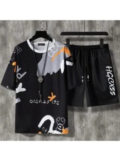 Drawstring Letter Pattern Leisure Short Sets