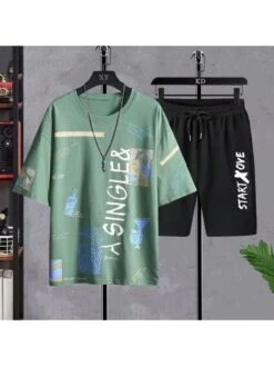 Drawstring Letter Pattern Crewneck Short Sets