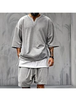 Drawstring Patchwork Loose Short Sets