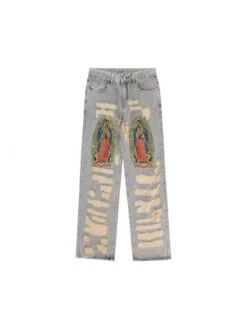 Embroidery Wear Out Straight Denim Jeans