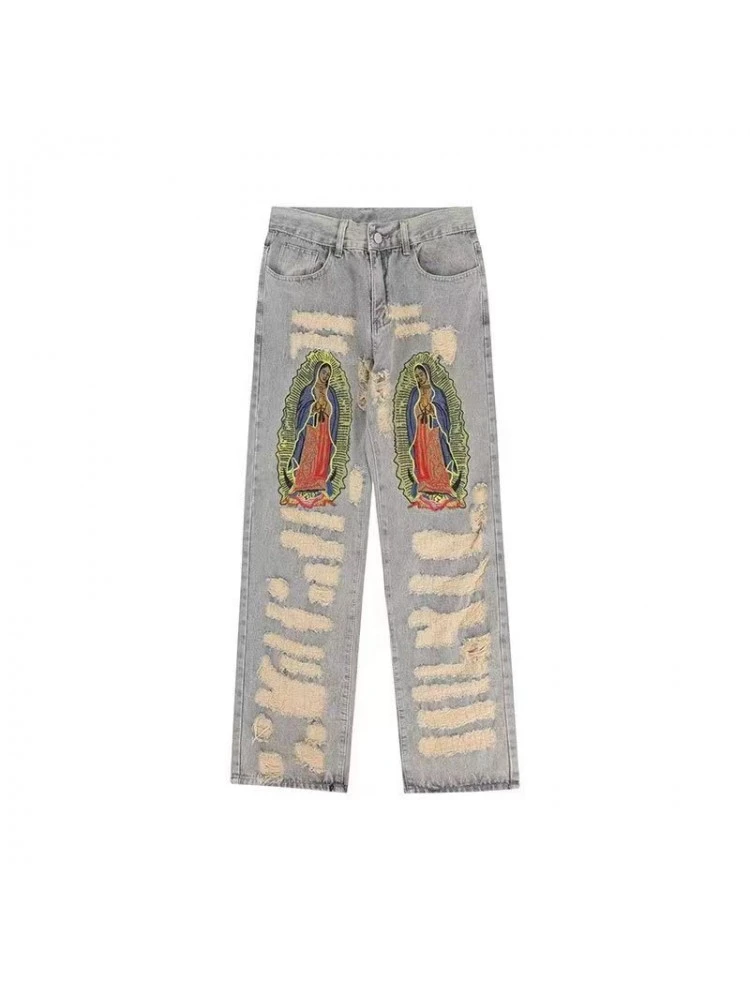 Embroidery Wear Out Straight Denim Jeans 3 Embroidery Wear Out Straight Denim Jeans