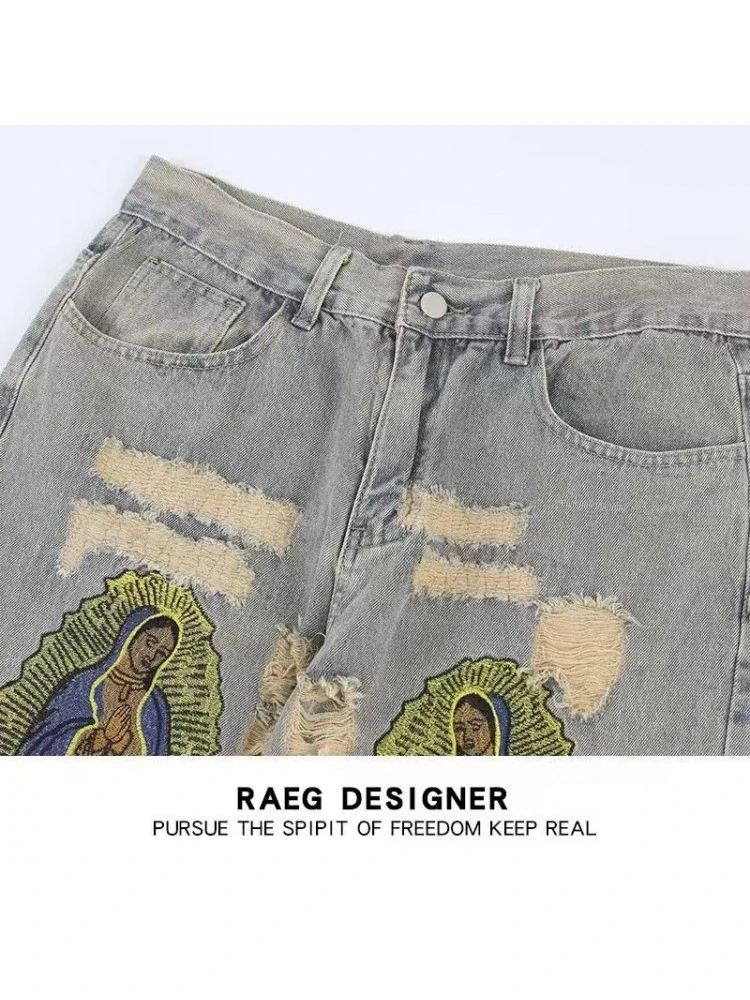Embroidery Wear Out Straight Denim Jeans 4 Embroidery Wear Out Straight Denim Jeans - Image 2