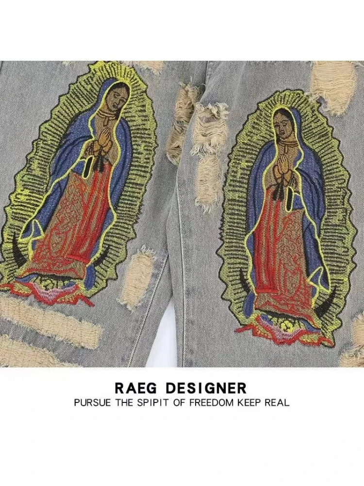 Embroidery Wear Out Straight Denim Jeans 5 Embroidery Wear Out Straight Denim Jeans - Image 3