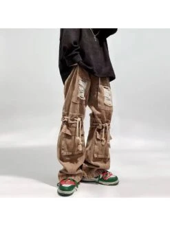 Drawstring Wear Out Denim Cargo Jeans