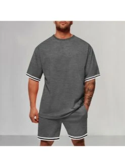 Colorblock Solid Color Crewneck Short Sets