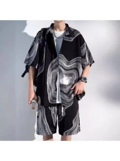 Tie Dye Ripple Leisure Ice Silk Shirt Short Sets