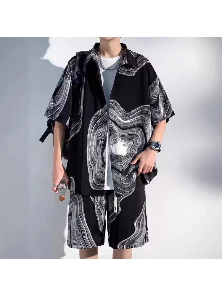 Tie Dye Ripple Leisure Ice Silk Shirt Short Sets 3 Tie Dye Ripple Leisure Ice Silk Shirt Short Sets