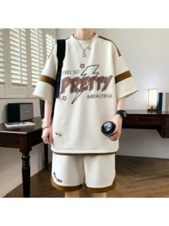 Colorblock Letter Pattern Raglan Short Sets