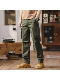 Solid Color Cotton Mid-rise Long Pant