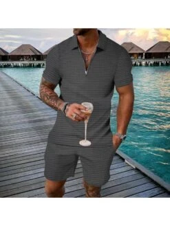 Plaid Short Sleeve Fitted Zip Polo & Short Sets