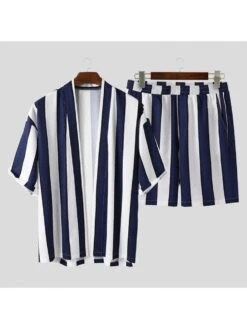 Colorblock Striped Loose Shirt And Shorts Set