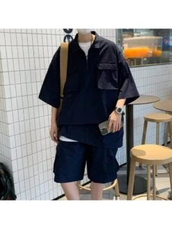 Plain Color Raglan Sleeve Cargo Short Sets -Active Vogue P 20240619180824963 387