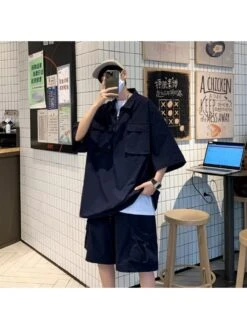 Plain Color Raglan Sleeve Cargo Short Sets -Active Vogue P 20240619180825537 612