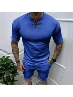Solid Color Short Sleeve Fitted Short Sets
