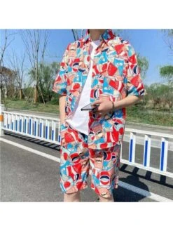 Abstract Printing Raglan Sleeve Loose Couple Short Sets