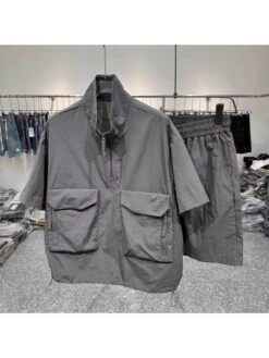 Stand Collar Regular Sleeve Cargo Pocket Short Sets