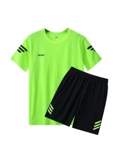 Quick-Dry Striped Crewneck Fitted Sporty Short Sets