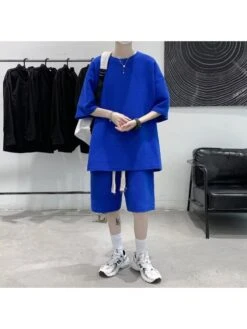 Drawstring Crewneck Walf Loose Short Sets