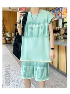 Tie Dye Letter Pattern Crewneck Vest & Shorts Set -Active Vogue P 20240624154832750 778