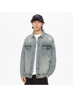 Letter Pattern Single Breasted Denim Men's Short Coats