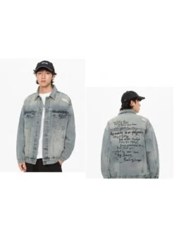 Letter Pattern Single Breasted Denim Men's Short Coats -Active Vogue P 20240625101239336 326
