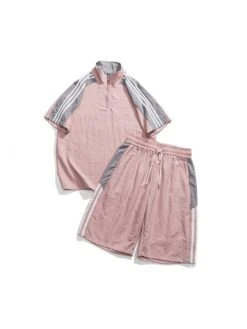 Front Page 9 Colorblock Drawstring Leisure Sporty Zip Polo Short Sets