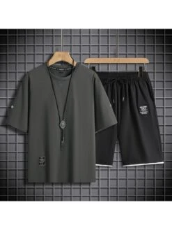 Solid Color Crewneck Ice Silk Tees And Shorts Sets