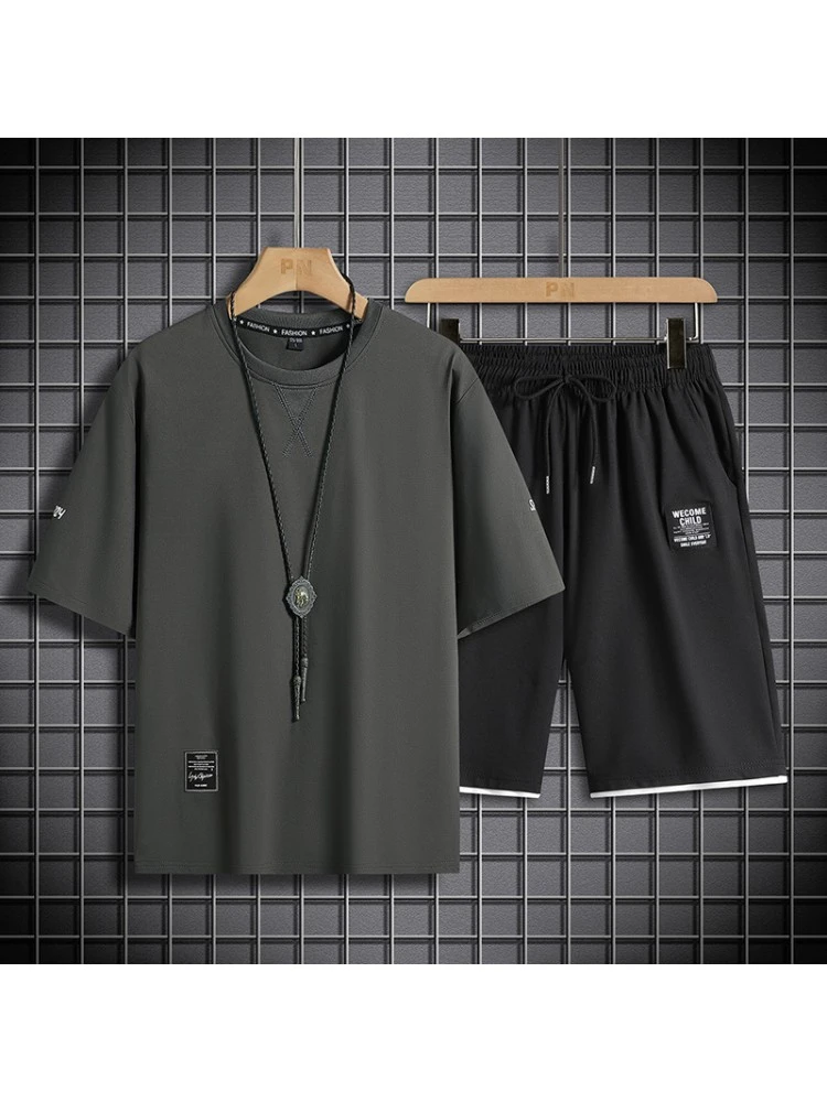 Solid Color Crewneck Ice Silk Tees And Shorts Sets 3 Solid Color Crewneck Ice Silk Tees And Shorts Sets