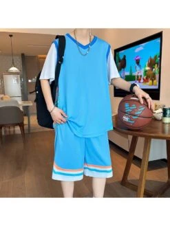Loose V-neck Quick-dry Fake 2 Piece Basketball Short Sets
