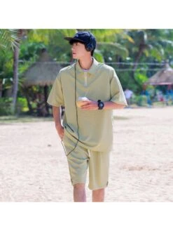 Plain Color Raglan Ziper Polo And Shorts Set